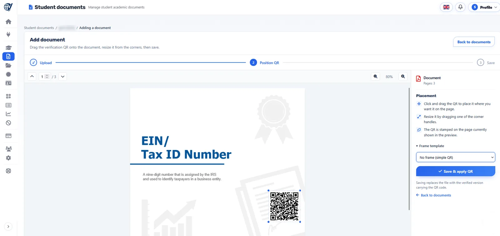 The IVQA Student documents editor at the Position QR step: the uploaded document with the verification QR placed on it, corner handles to resize it, and the Save & apply QR panel.